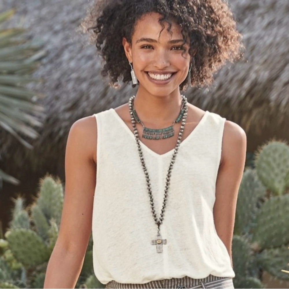Sundance Mabel Linen Tank Top Women Petite Medium White V Neck PM